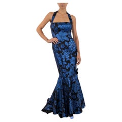 1990S Sapphire Blue & Black Silk Lurex Matelassé Floral Halter Top Gown & Train