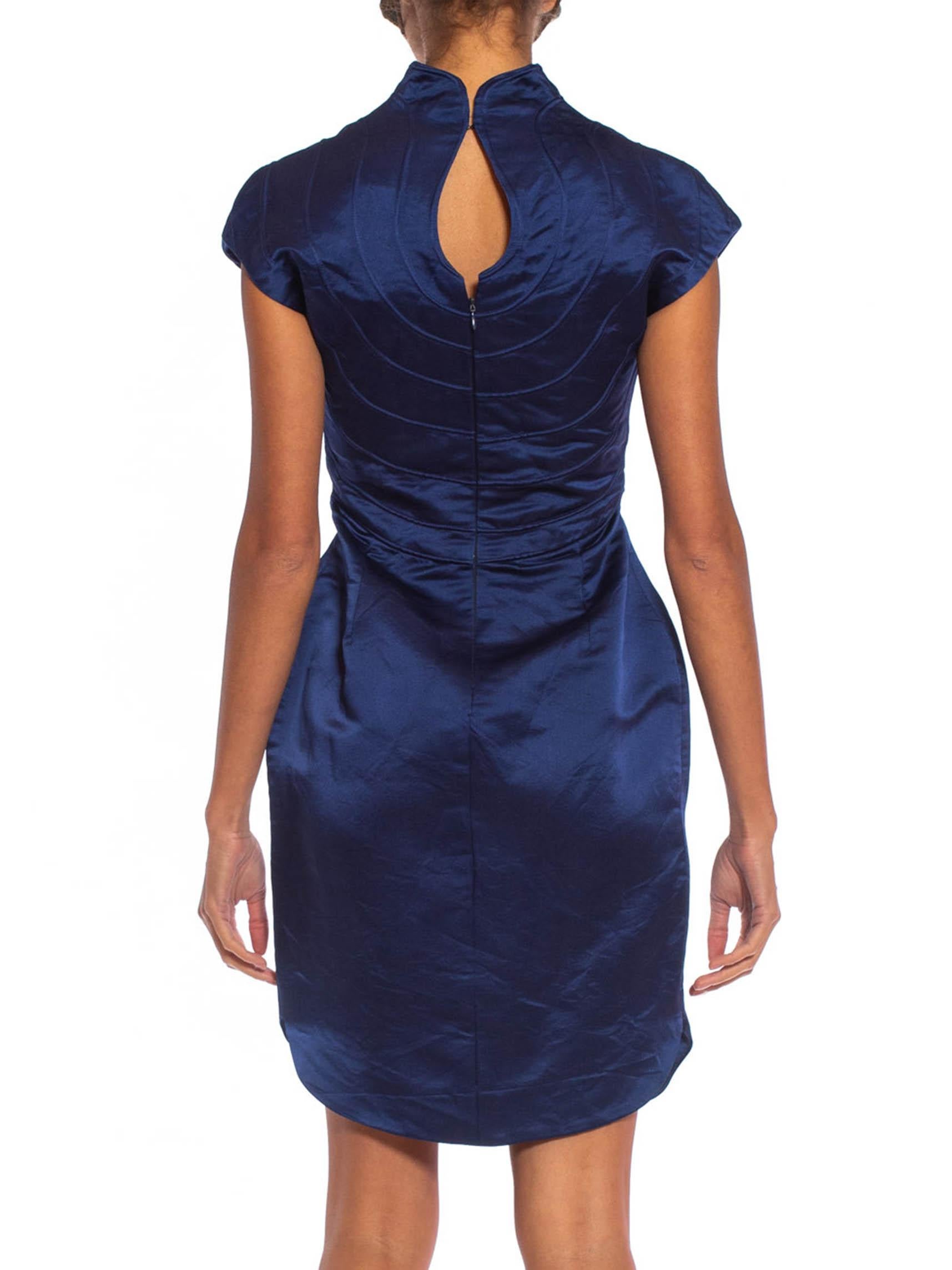 1990S Sapphire Blue Silk Duchess Satin Cocktail Dress For Sale 5