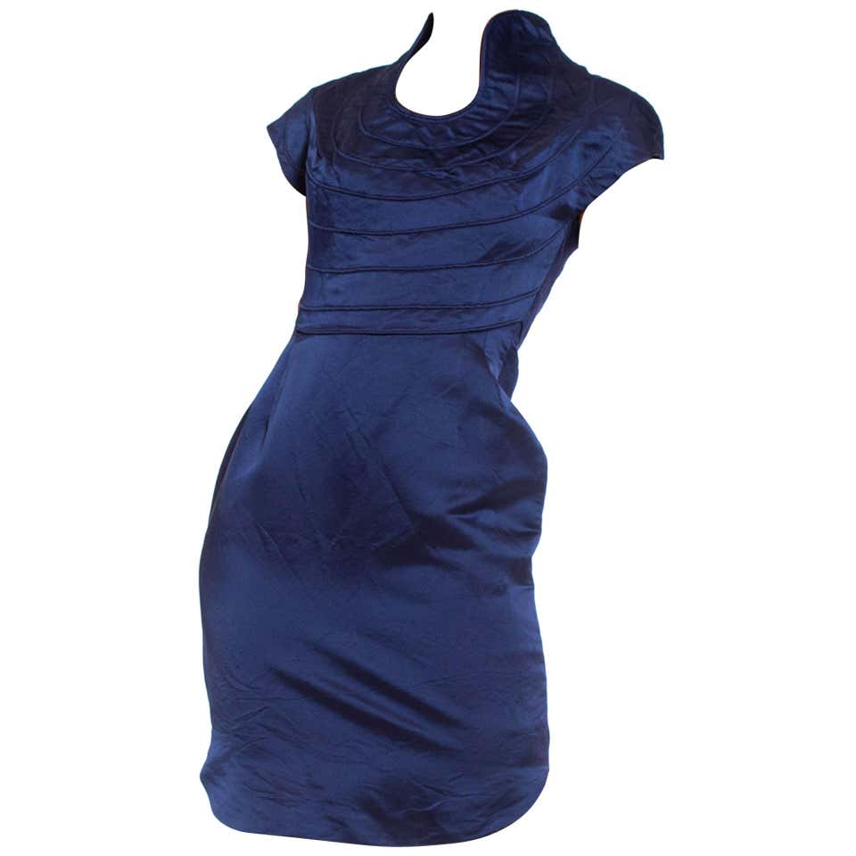 1990S Sapphire Blue Silk Duchess Satin Cocktail Dress For Sale at 1stDibs