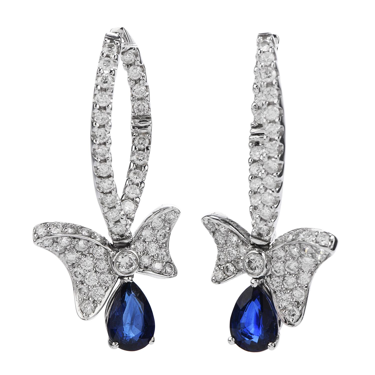 Modern 1990s Sapphire Diamond 18 Karat Gold Bow Dangle Hoop Earrings