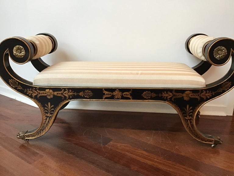 1990s Scrolled Arm Regency Style Bench On Casters At 1stdibs