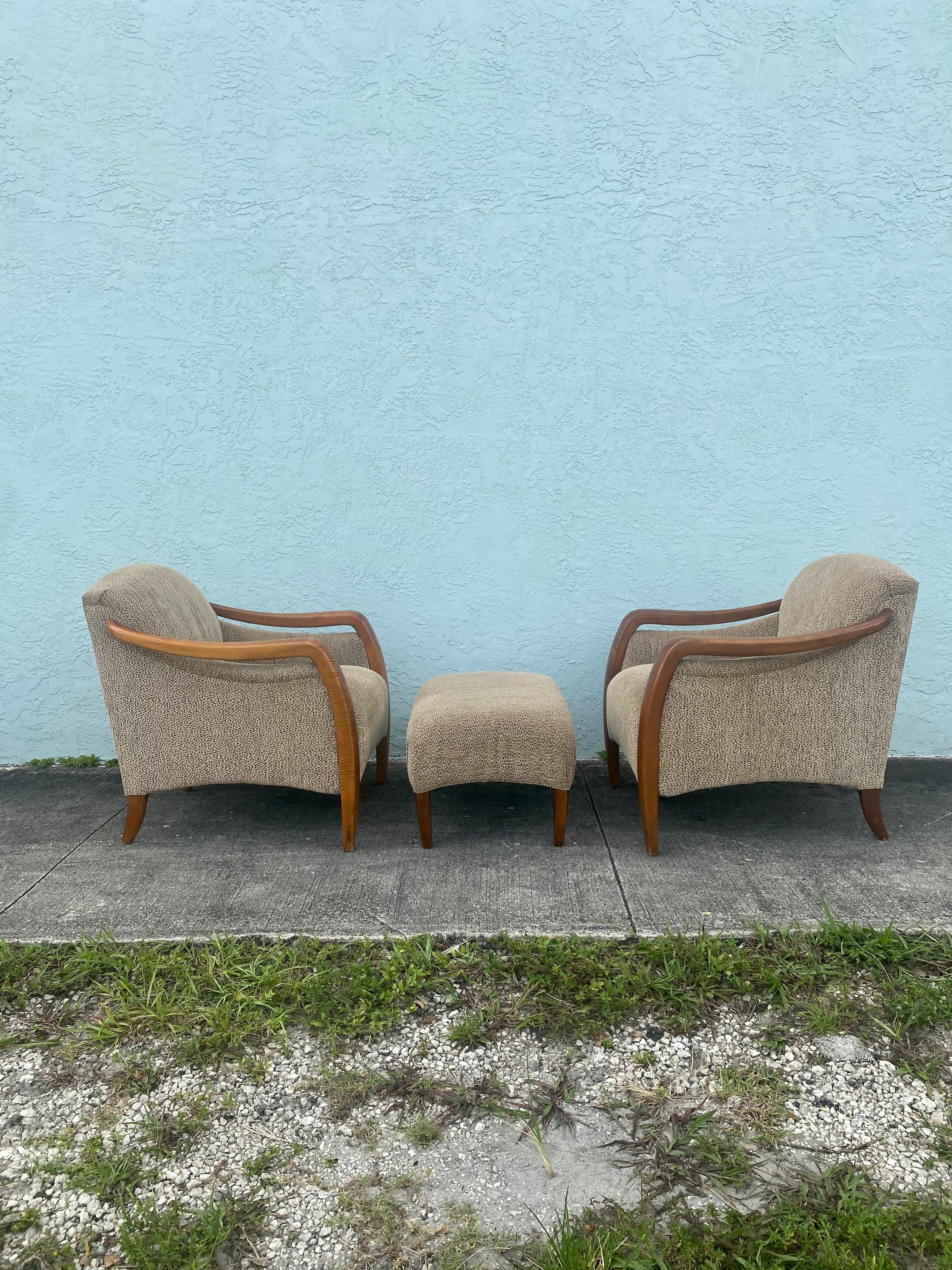 Post-Modern 1980s Sculptural Leopard Tiger Wood Chairs and Ottoman, Set of 3 For Sale