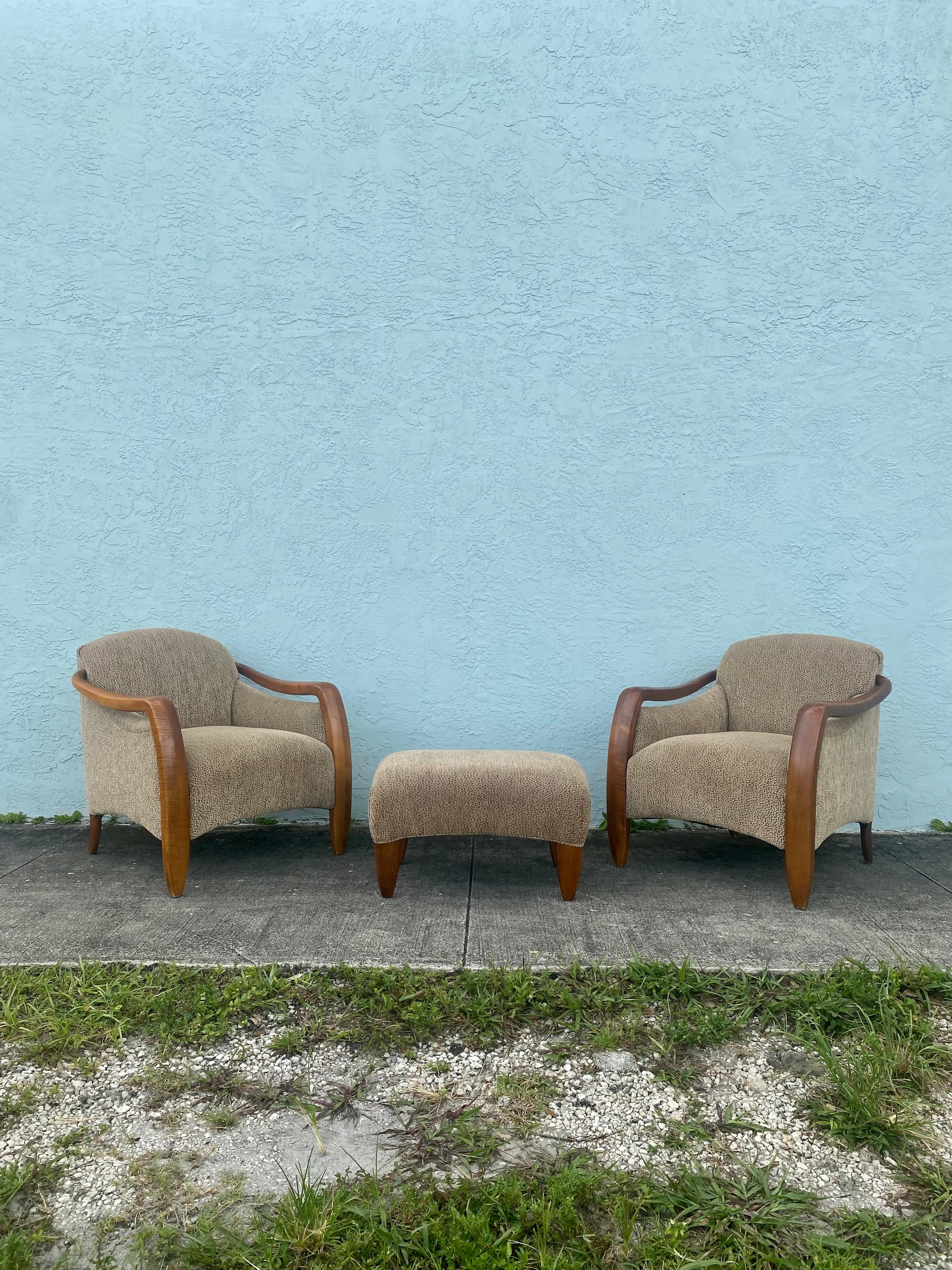 1980s Sculptural Leopard Tiger Wood Chairs and Ottoman, Set of 3 In Good Condition For Sale In Fort Lauderdale, FL
