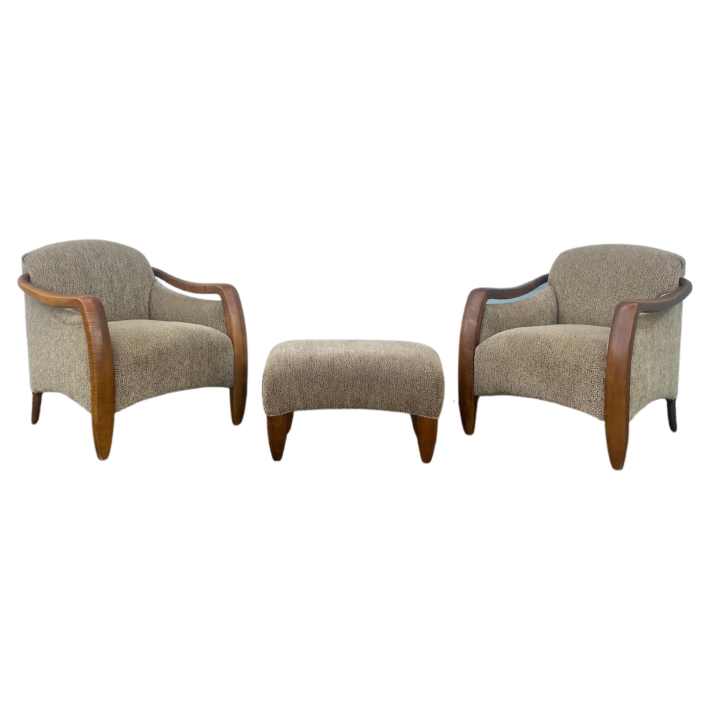 1980s Sculptural Leopard Tiger Wood Chairs and Ottoman, Set of 3 For Sale