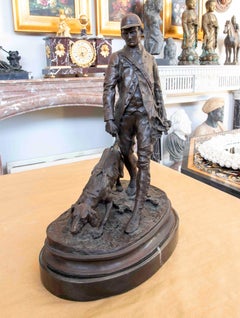 1990s Sculpture of a Hunter with a Dog in Patinated Bronze on a Base