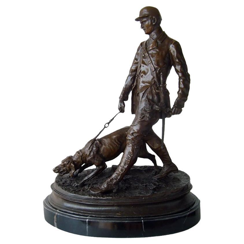 1990s Sculpture of a Hunter with a Dog in Patinated Bronze on a Base For Sale