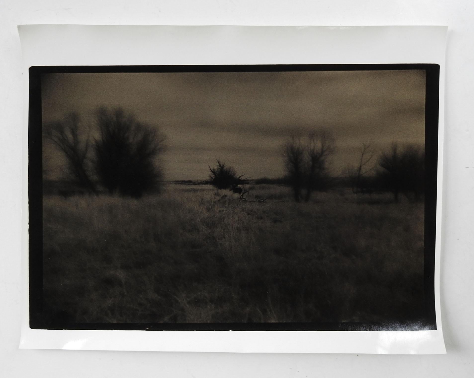 Vintage circa 1990's photograph on heavy paper by Eric C. Weller (20th century) Texas.  Dark sepia toned semi glossy photograph of pairie landscape.  Unsigned,  Eric Weller was a professor of photography at Texas State University, from the artists