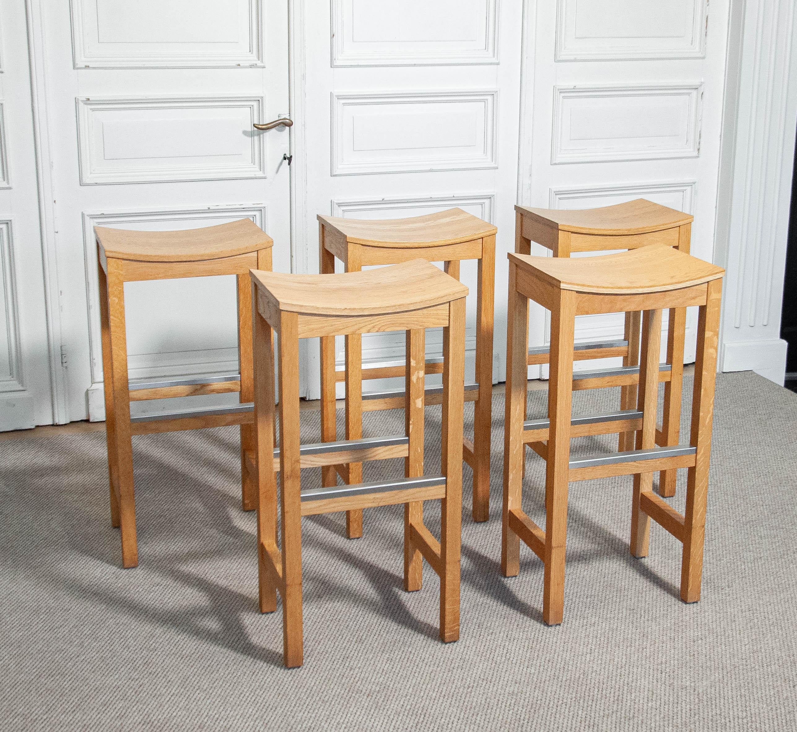 Swedish 1990s Set of Five Oak Bar Stools For Sale