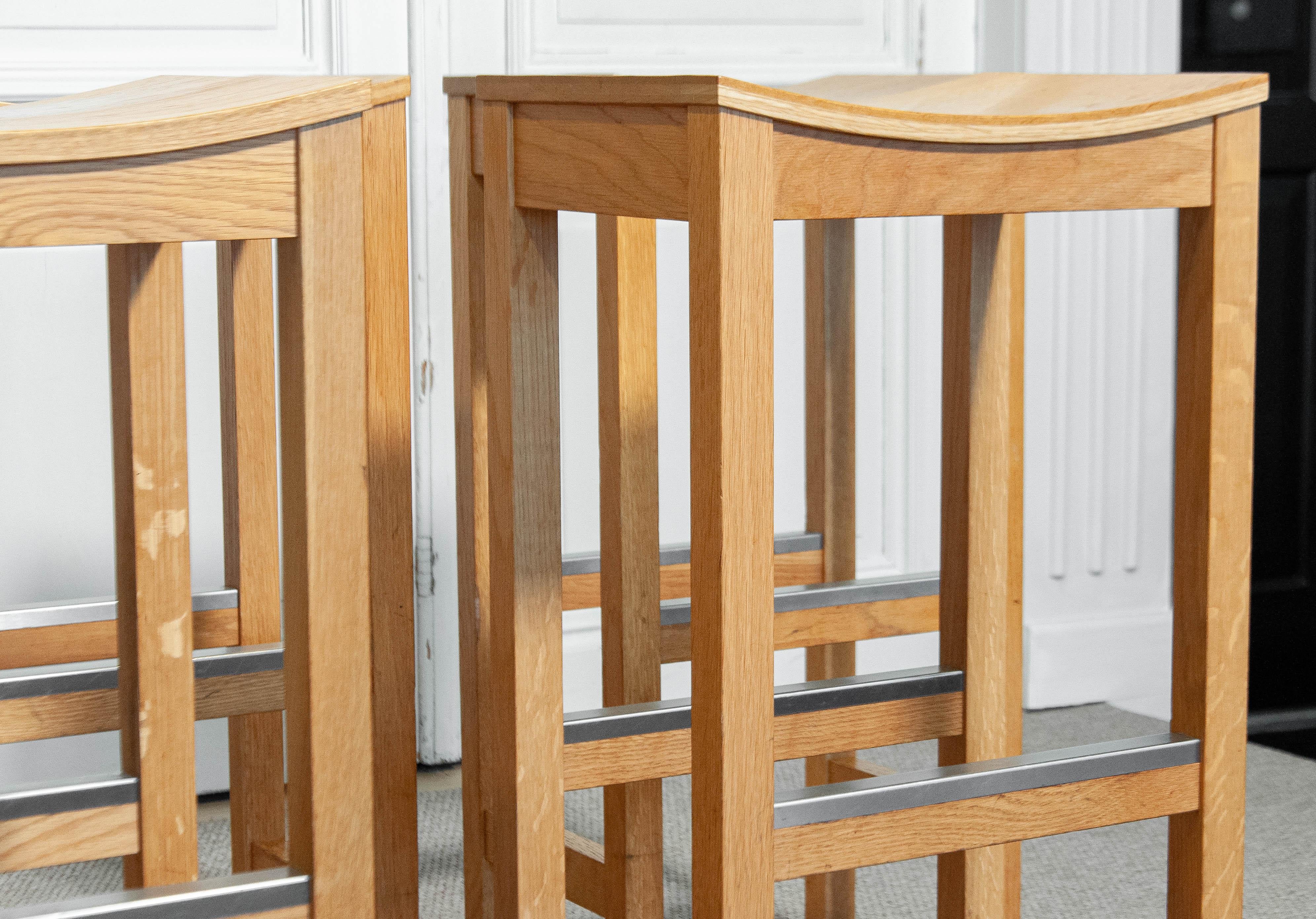 1990s Set of Five Oak Bar Stools For Sale 1