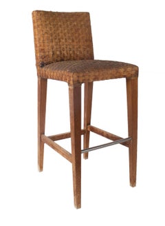 1990s Set of Four Wood and Leather Stools with Steel Foot Rests