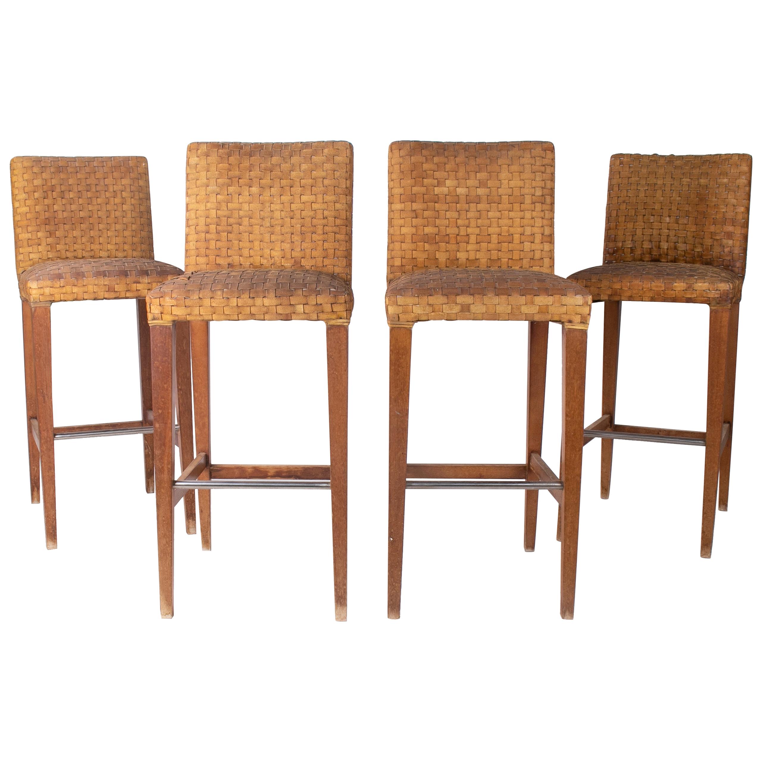 1990s Set of Four Wood and Leather Stools with Steel Foot Rests For Sale
