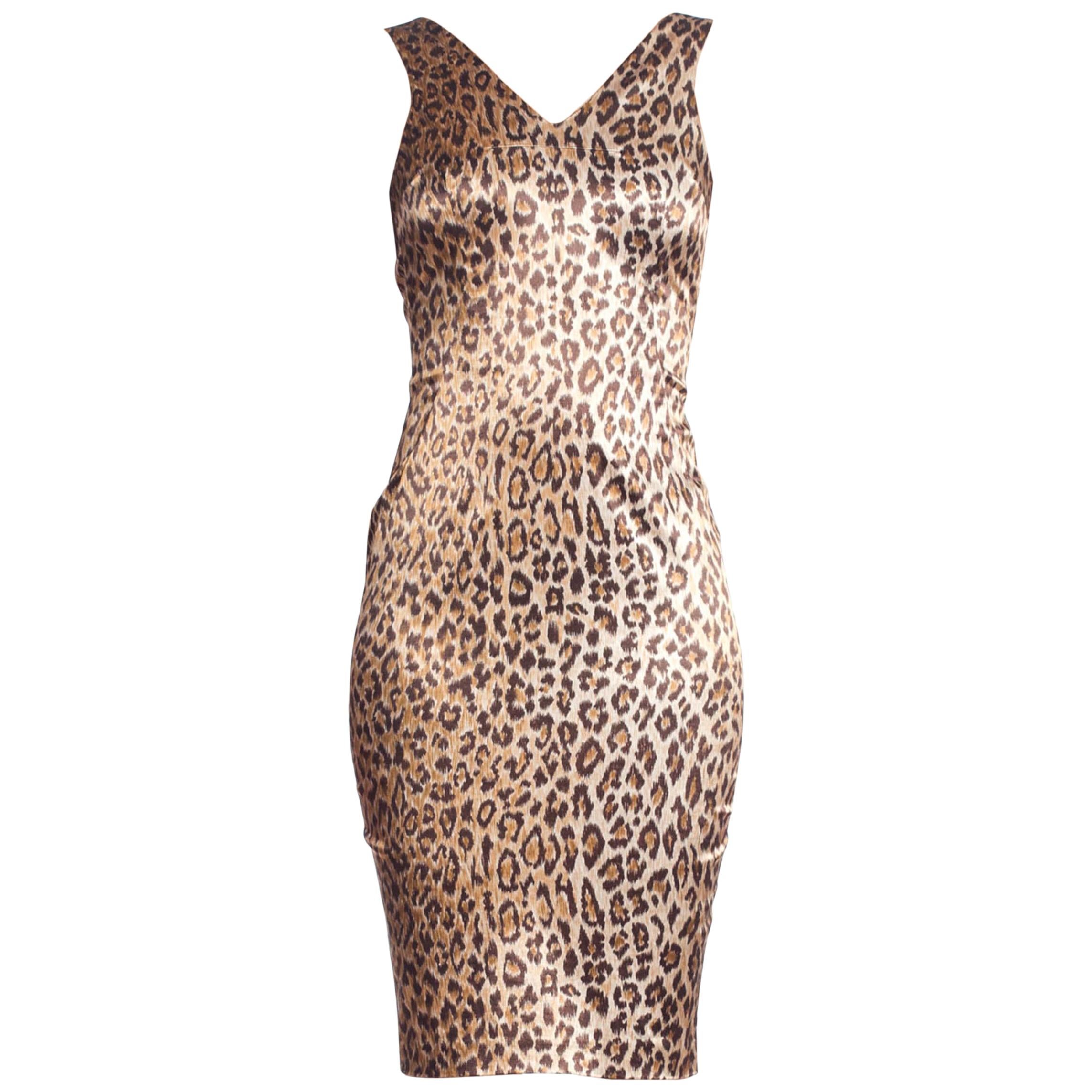 1990's Sex And The City Dolce & Gabbana Stretch Satin Leopard Print Dress
