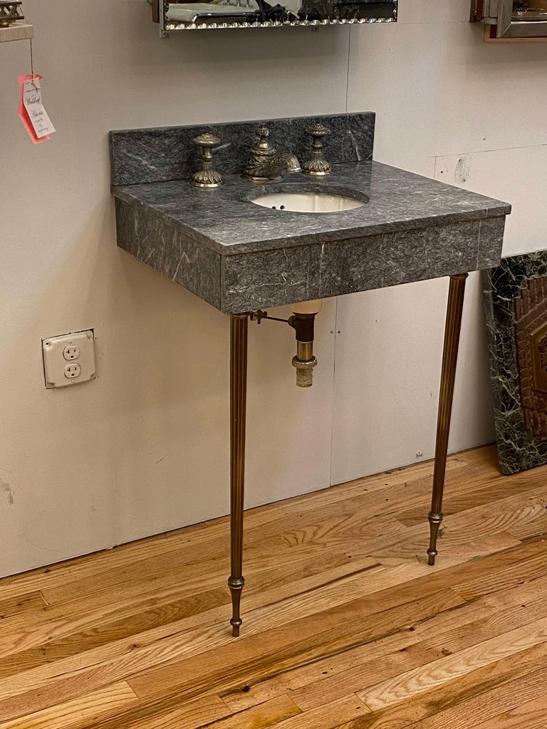 1990s Sherle Wagner Petite Dark Gray Marble Console Sink Louis Petite