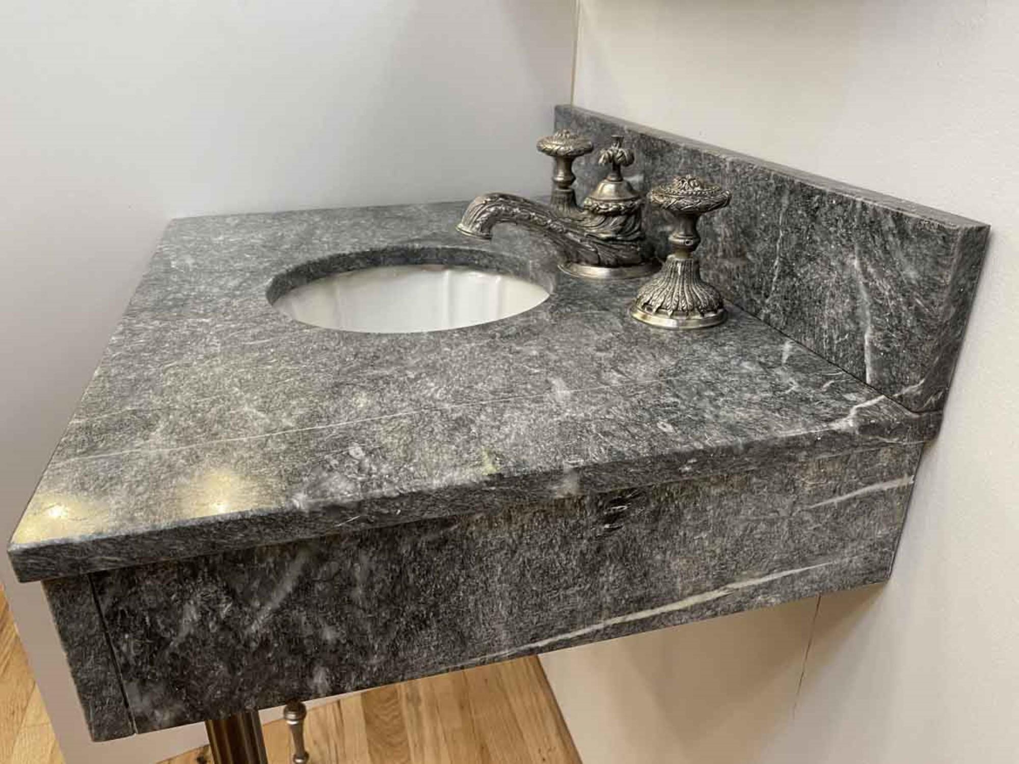 1990s Sherle Wagner Petite Dark Gray Marble Console Sink Louis Petite Faucet Set In Good Condition In New York, NY