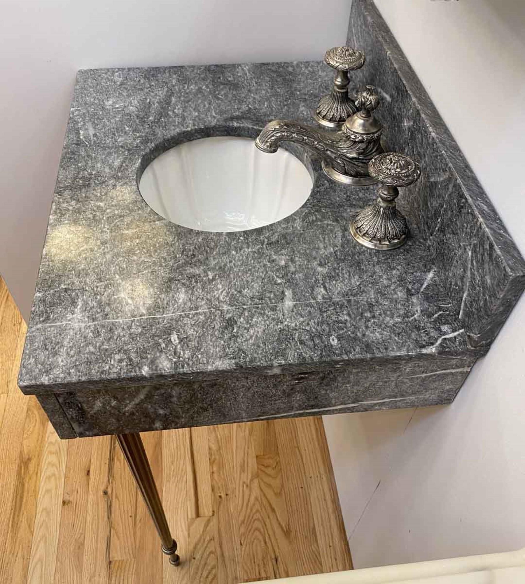 Late 20th Century 1990s Sherle Wagner Petite Dark Gray Marble Console Sink Louis Petite Faucet Set