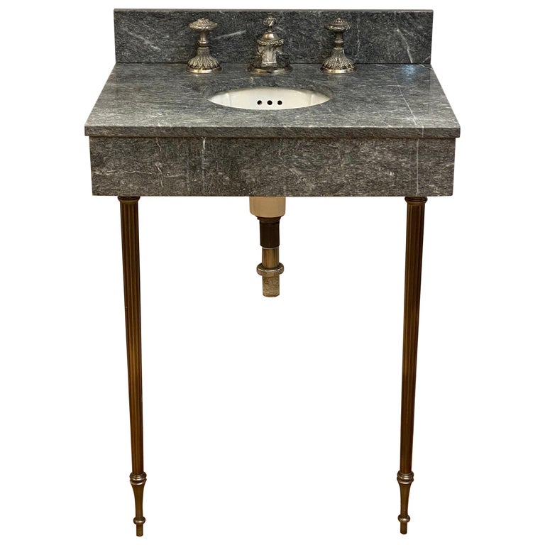 1990s Sherle Wagner Petite Dark Gray Marble Console Sink Louis Petite