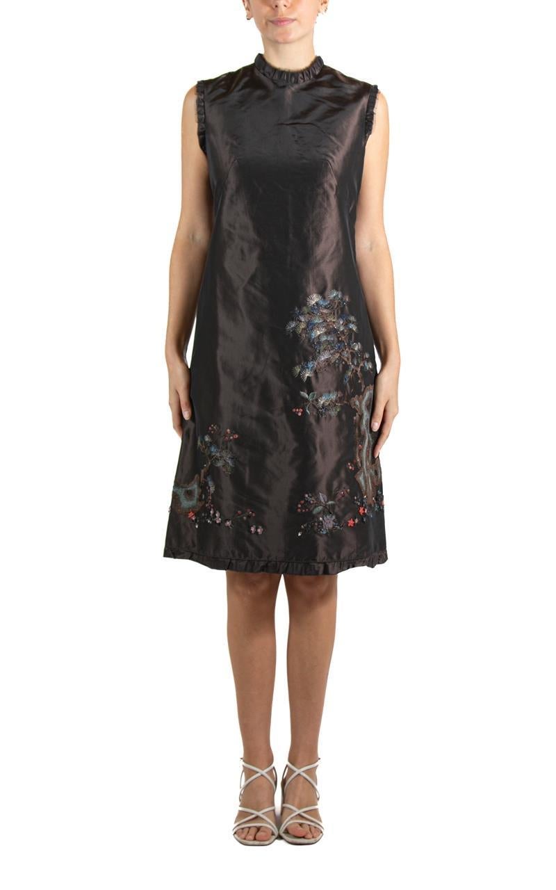 Black 1990S SHIATZY CHAN Dark Chocolate Brown Embroidered Silk Dress For Sale