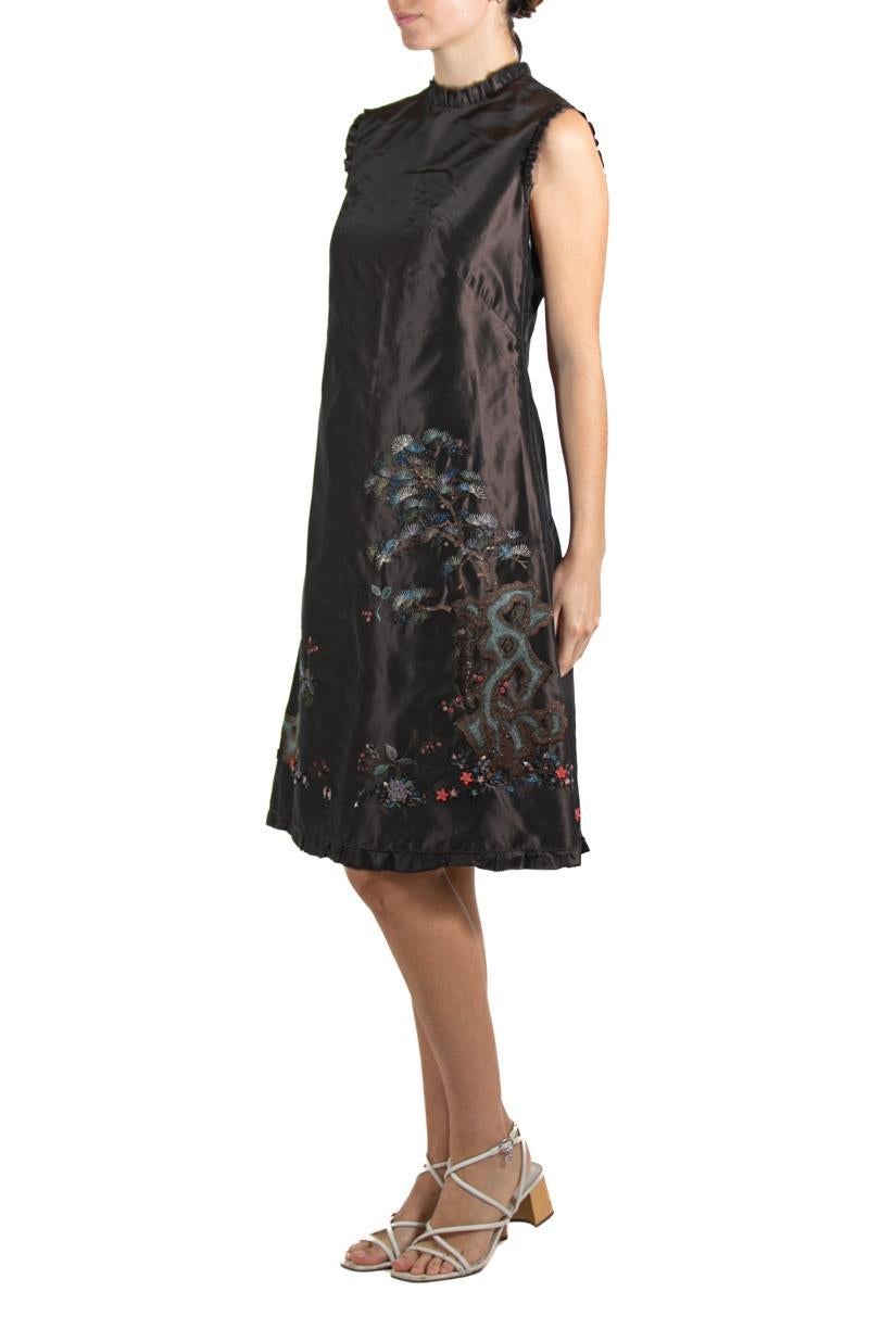1990S SHIATZY CHAN Dark Chocolate Brown Embroidered Silk Dress For Sale 1
