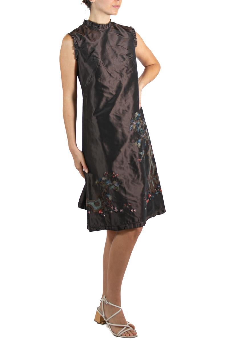 1990S SHIATZY CHAN Dark Chocolate Brown Embroidered Silk Dress For Sale 3