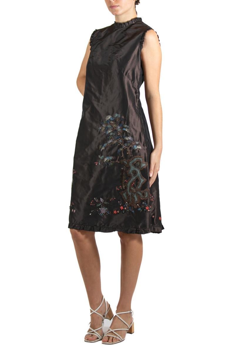 1990S SHIATZY CHAN Dark Chocolate Brown Embroidered Silk Dress For Sale 4