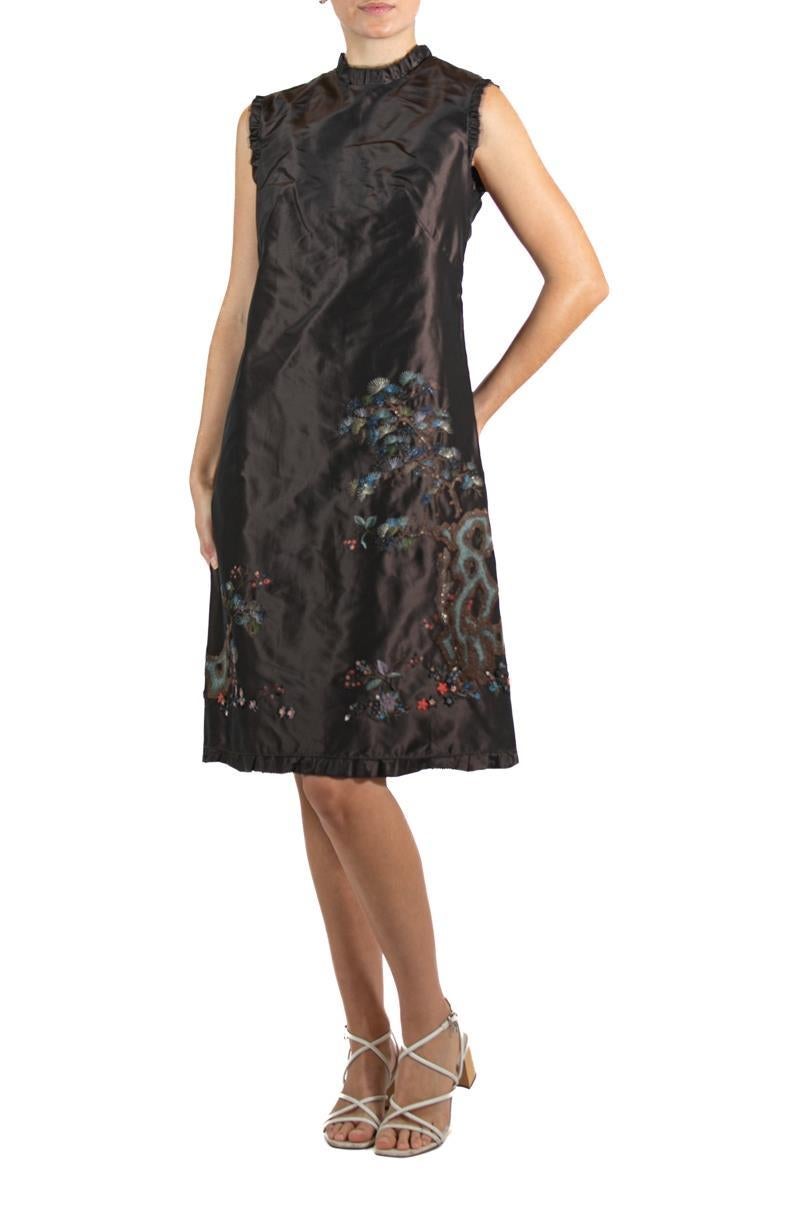 1990S SHIATZY CHAN Dark Chocolate Brown Embroidered Silk Dress For Sale 5