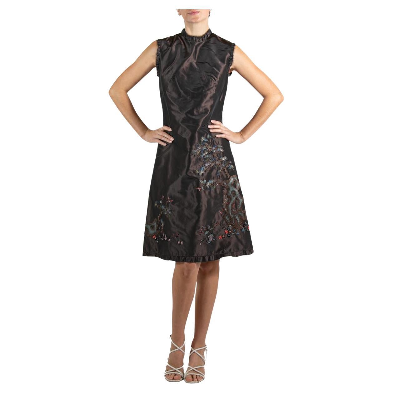1990S SHIATZY CHAN Dark Chocolate Brown Embroidered Silk Dress For Sale