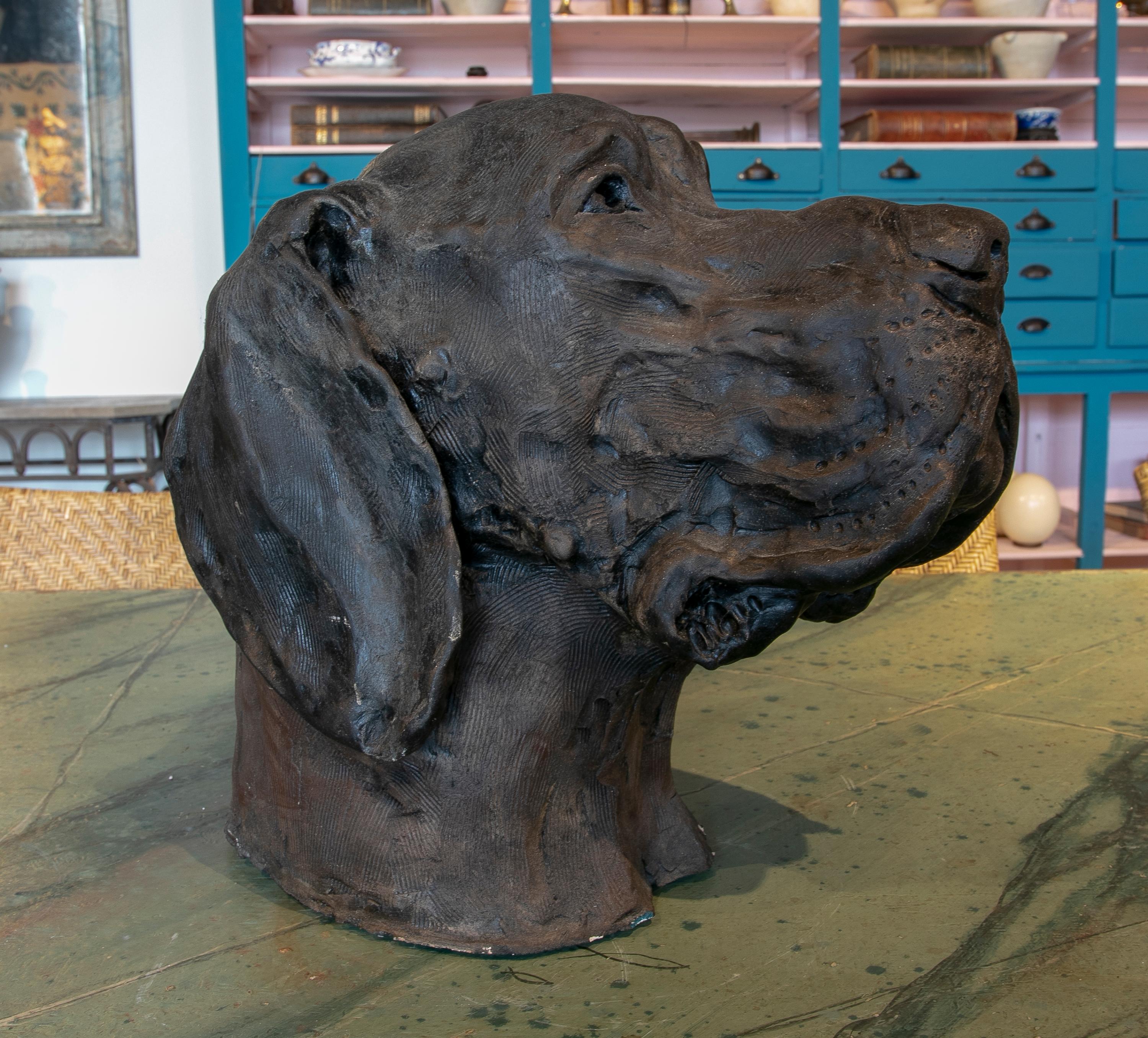 1990's Signed Hand Painted Ceramic Dog Head sculpture  In Good Condition For Sale In Marbella, ES