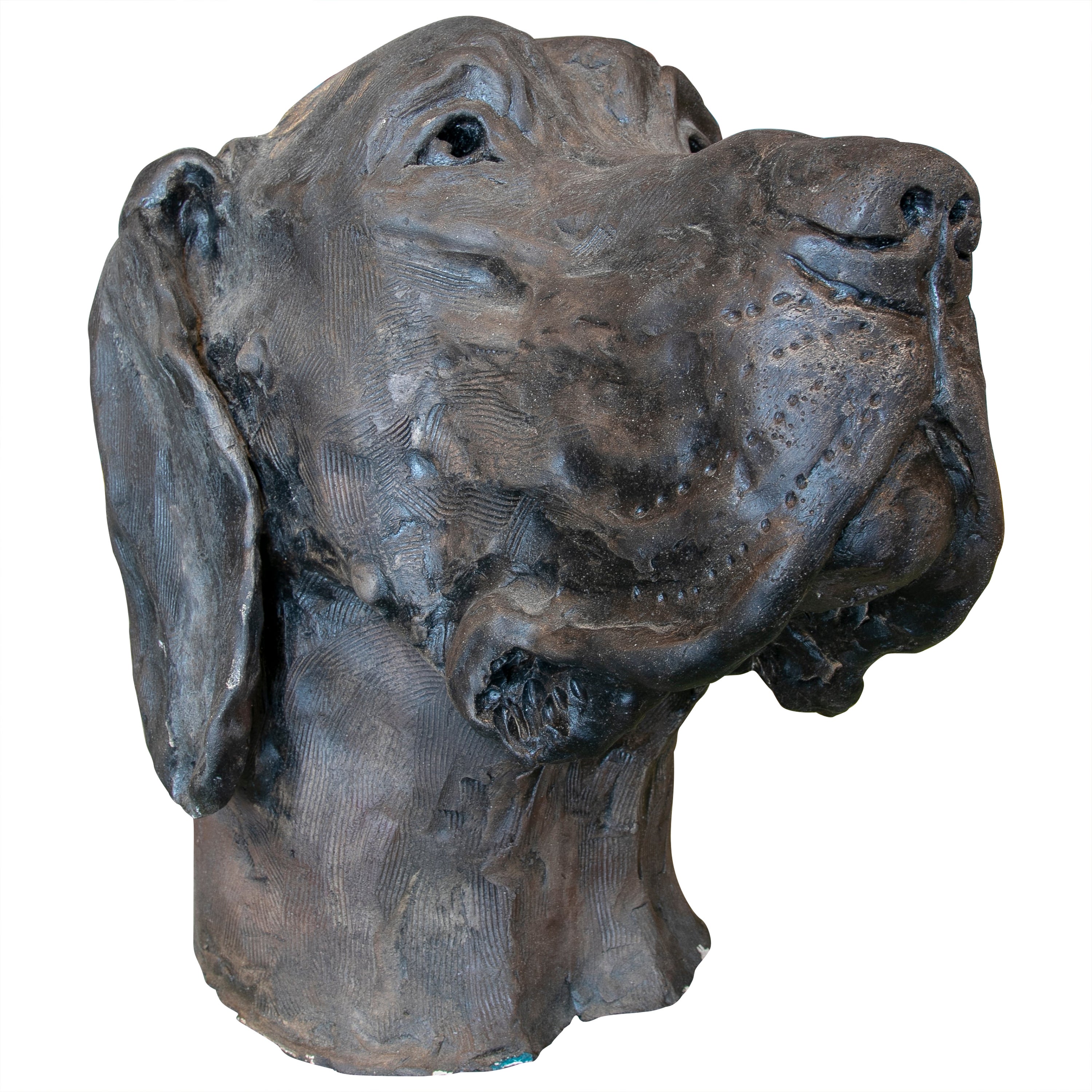 Tête de chien en céramique peinte à la main et signée, années 1990