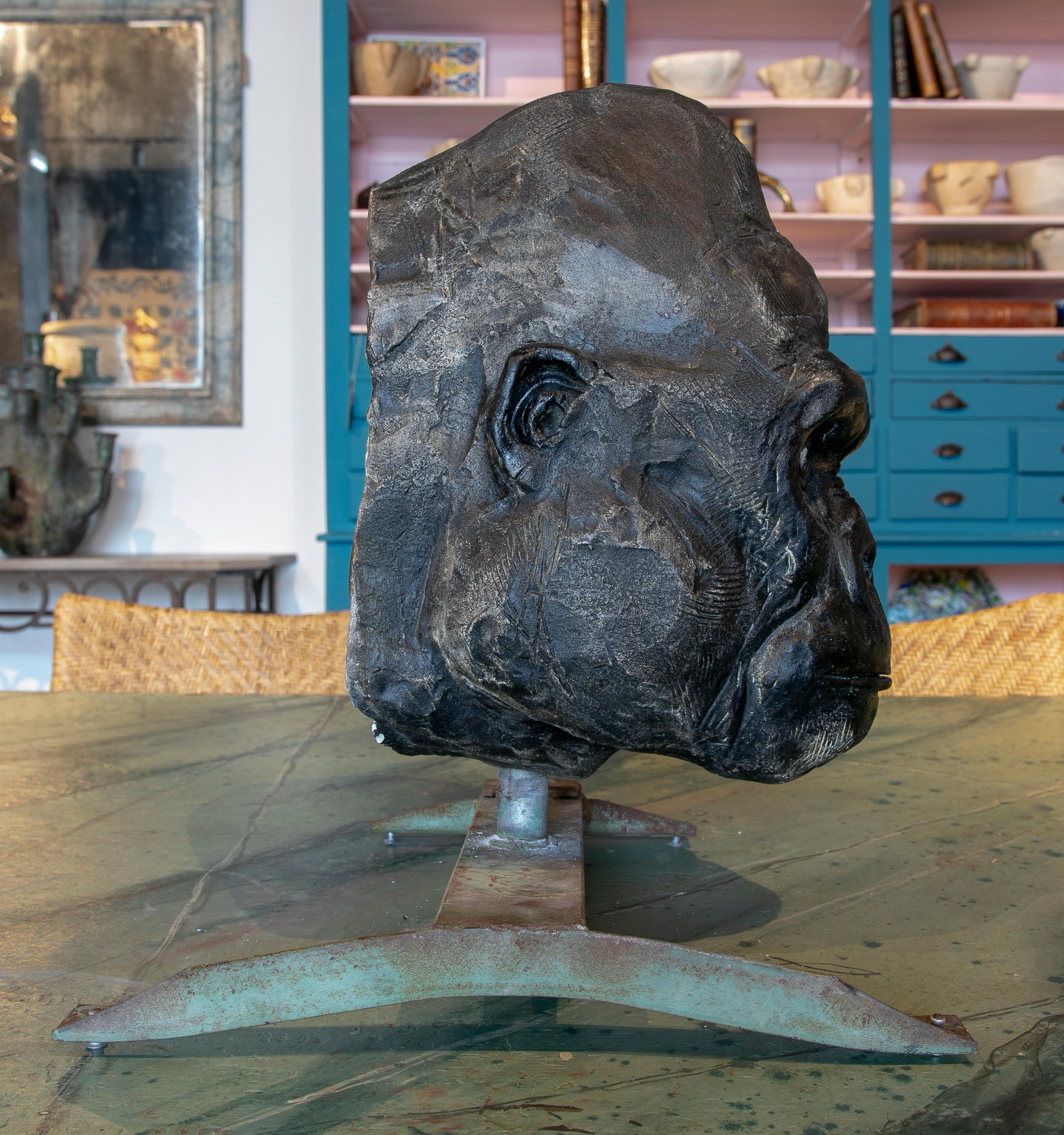 Spanish 1990s Signed Hand Painted Ceramic Gorilla Head sculpture For Sale