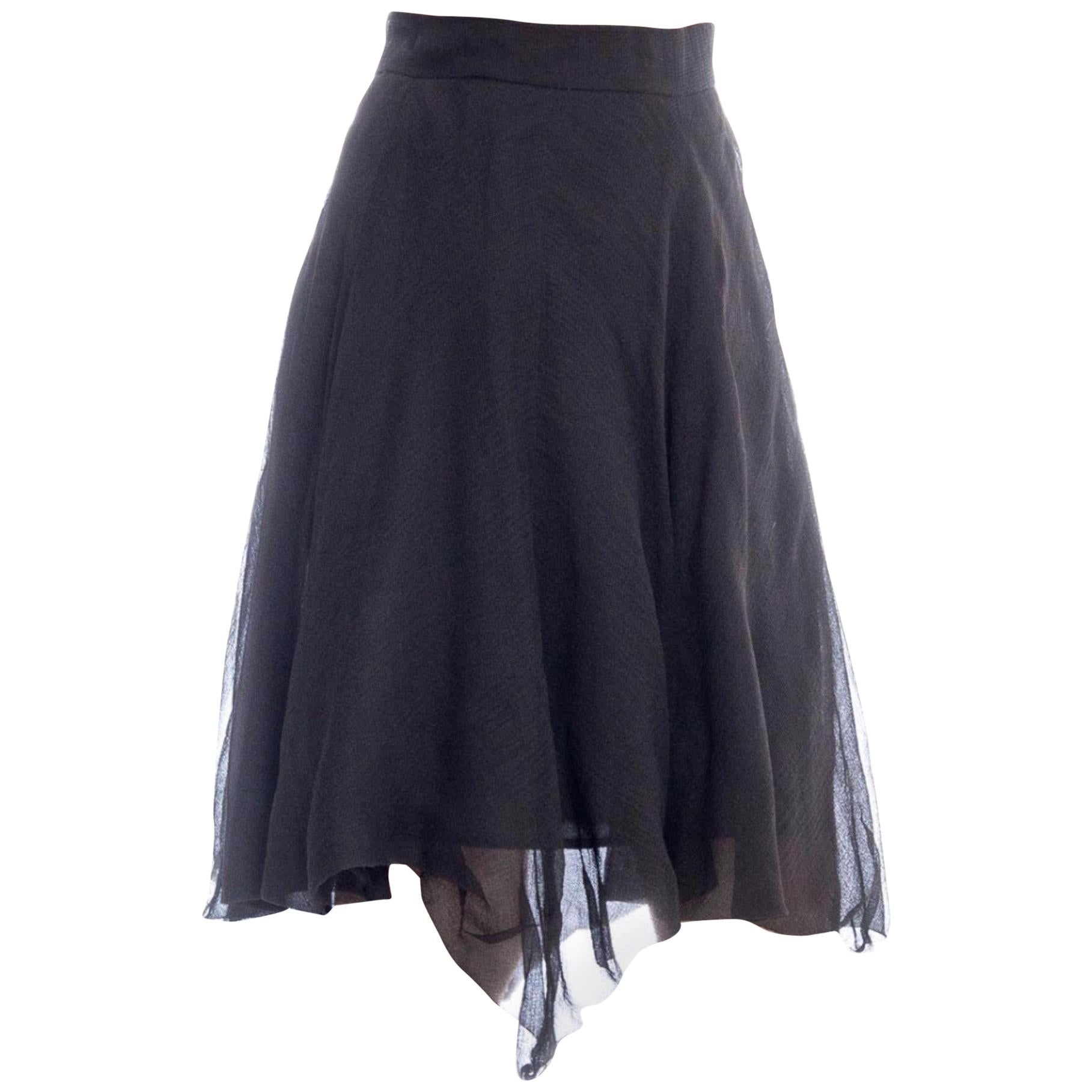 1990S Black Silk Waffle Weave Chiffon Unique Double Draped Skirt