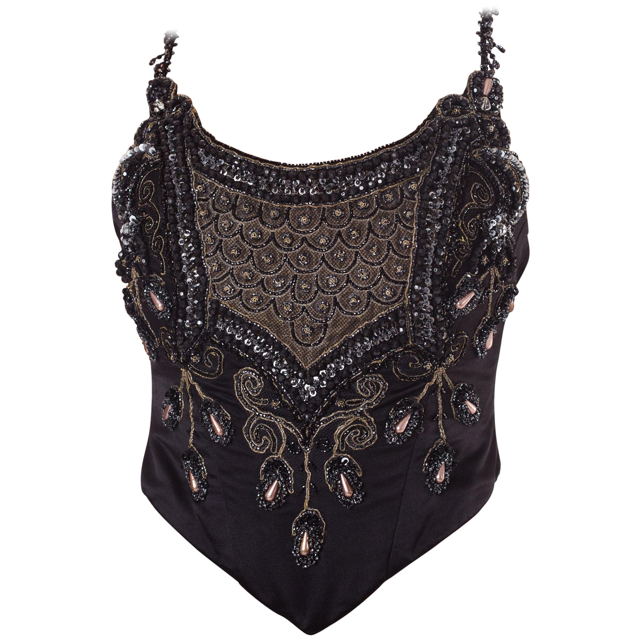 1990S  Top bustier perlé en satin de soie noir d'inspiration édouardienne