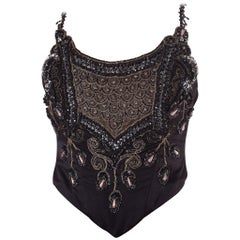 Vintage 1990S  Black Silk Satin Edwardian Inspired Beaded Bustier Top