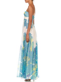 1990S Silk & Lurex Chiffon Blue Paisley Strapless Summer Gown