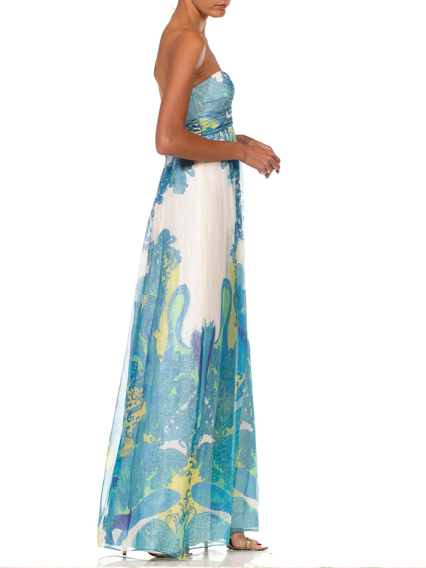 1990S Silk & Lurex Chiffon Blue Paisley Strapless Summer Gown In Excellent Condition In New York, NY