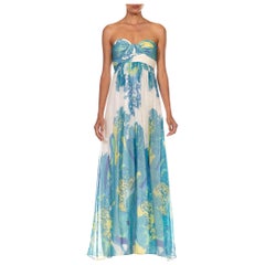 1990S Silk 
Lurex Chiffon Blue Paisley Strapless Summer Gown