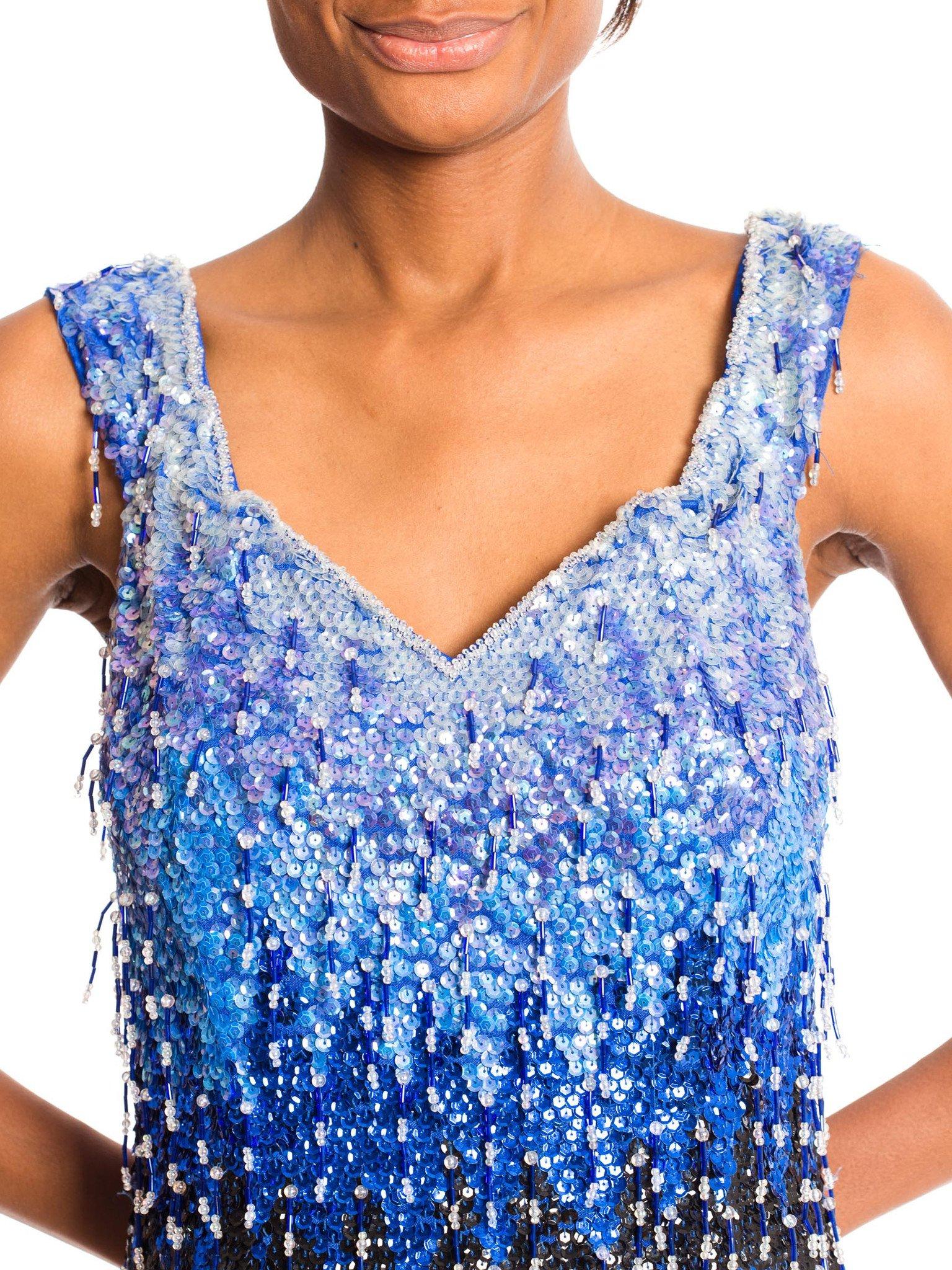 1990'S Cobalt Blue Poly/Lycra Jersey Ombré Sequin Beaded Fringe Cocktail Dress In Excellent Condition For Sale In New York, NY