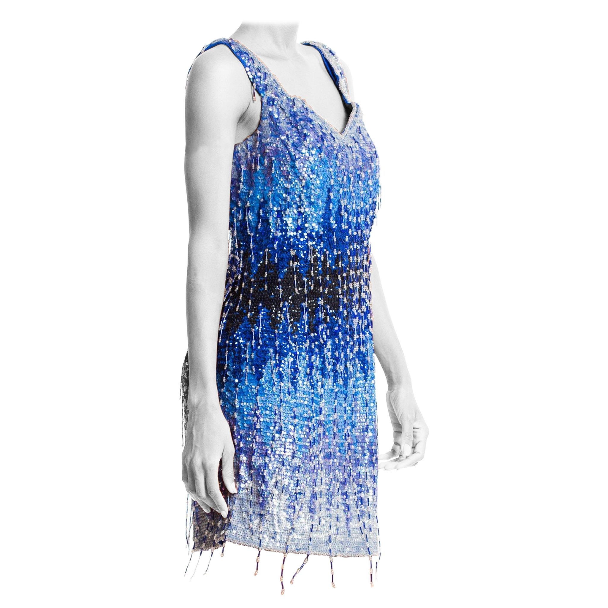 1990'S Cobalt Blue Poly/Lycra Jersey Ombré Sequin Beaded Fringe Cocktail  Dress