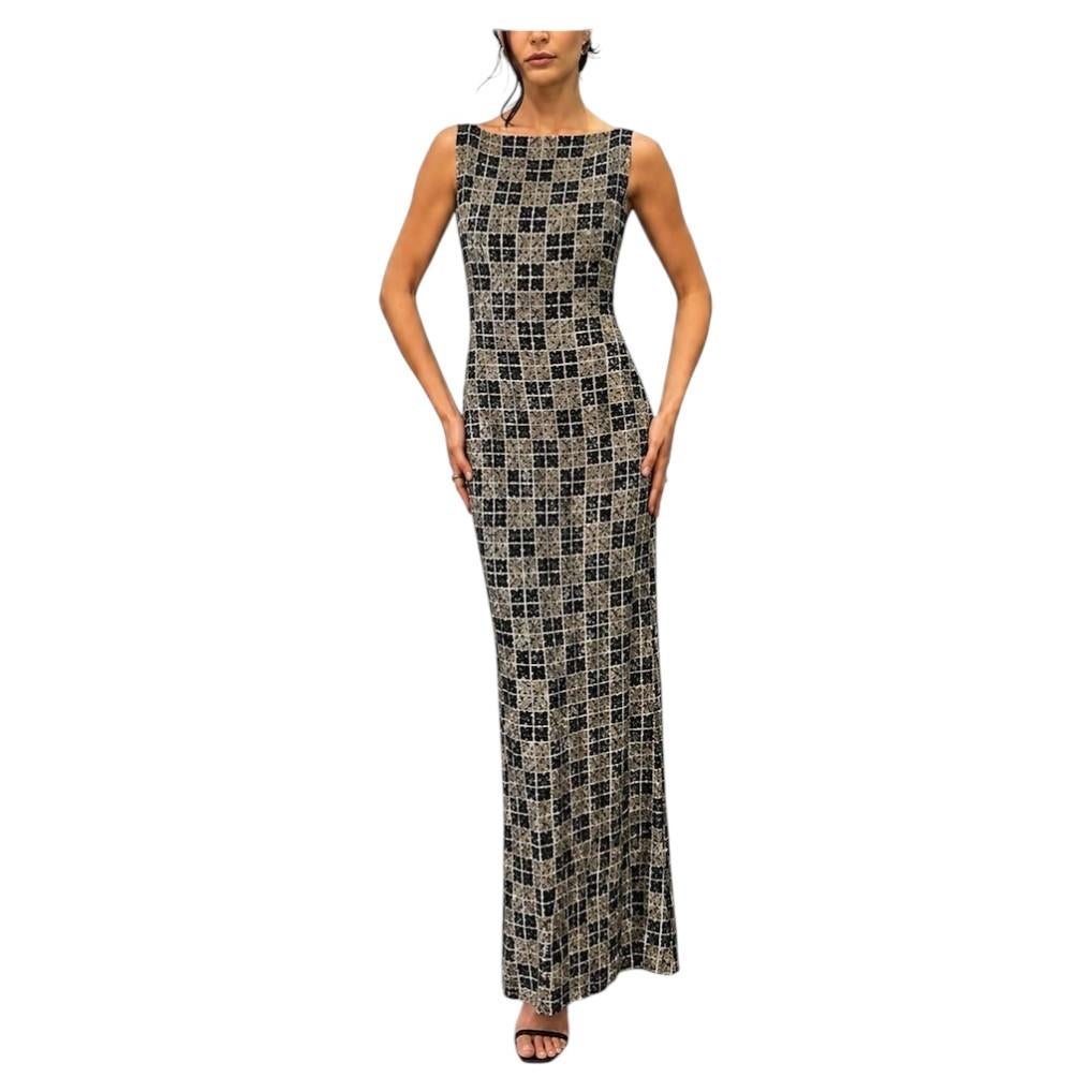 1990s Silver & Black Silk Beaded Lined Geometrical Minimalist Dress
