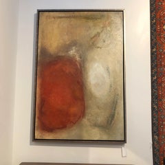 1990s Silver Gilt Framed Abstract Art – Red & Beige Canvas
