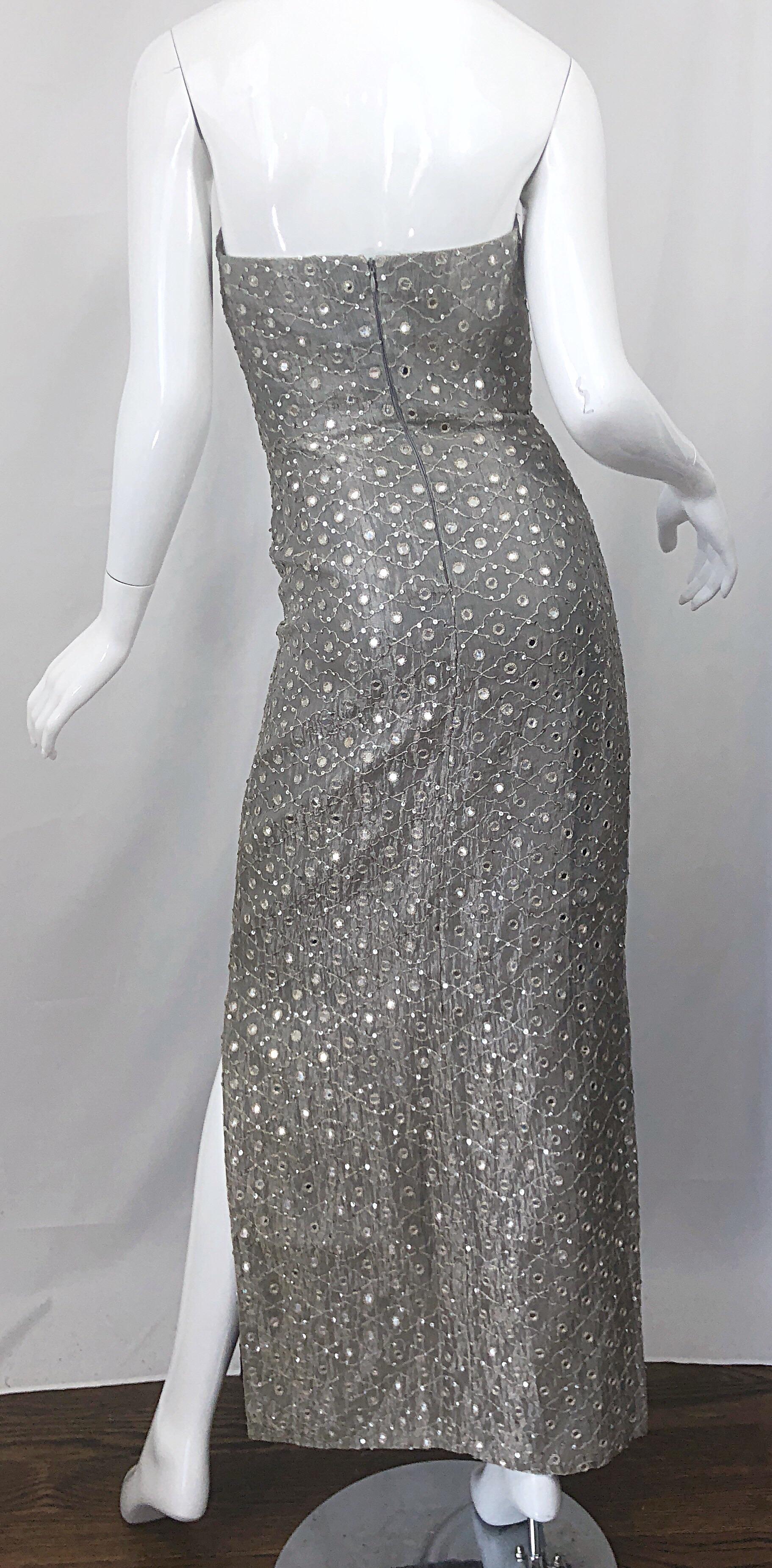 1990s Silver Grey Mirrored Sequins Size 6 Strapless Silk Vintage Gown Dress For Sale 3