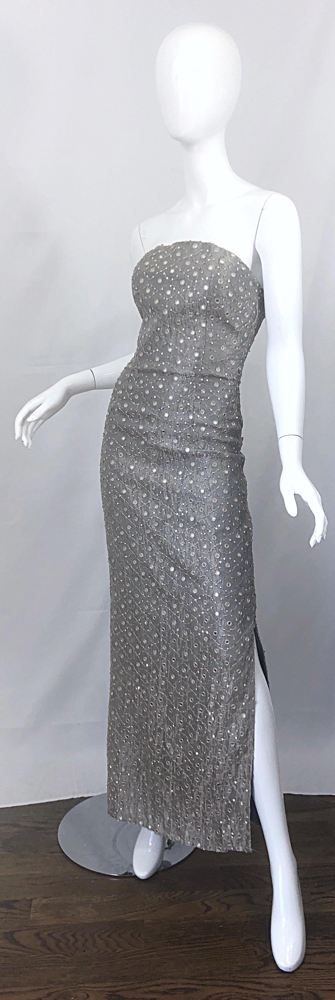 1990s Silver Grey Mirrored Sequins Size 6 Strapless Silk Vintage Gown Dress For Sale 4