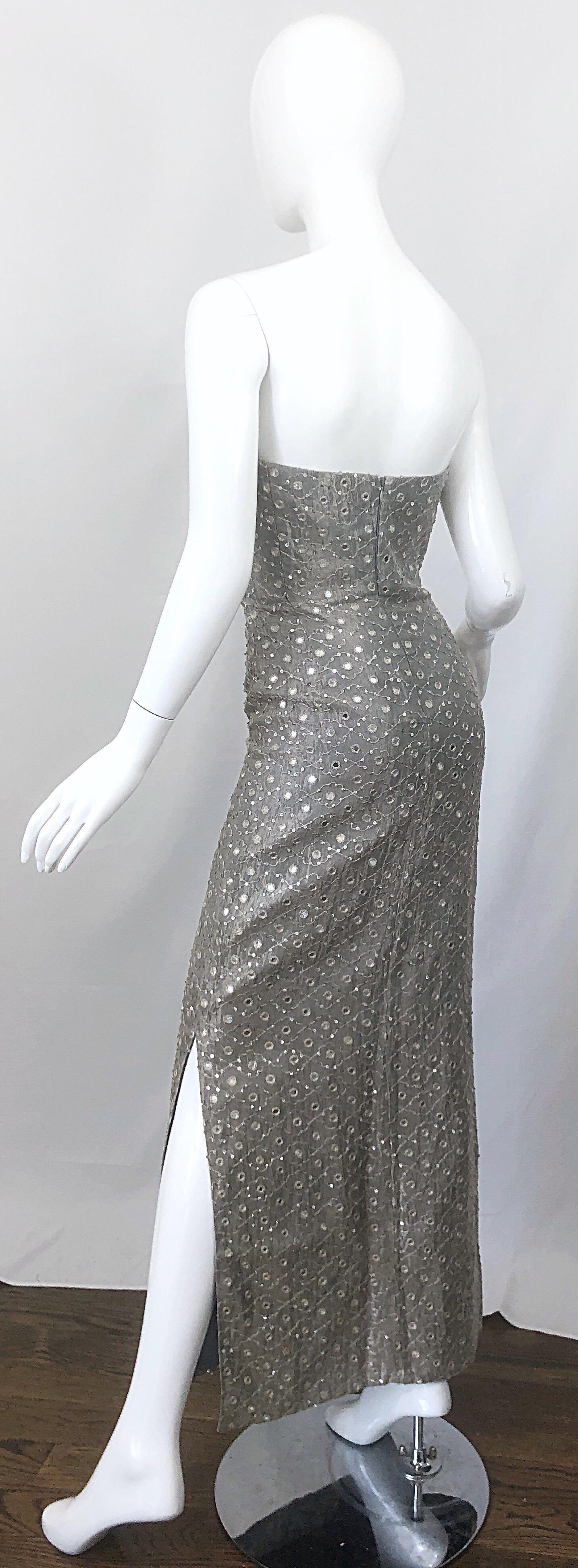 1990s Silver Grey Mirrored Sequins Size 6 Strapless Silk Vintage Gown Dress For Sale 5