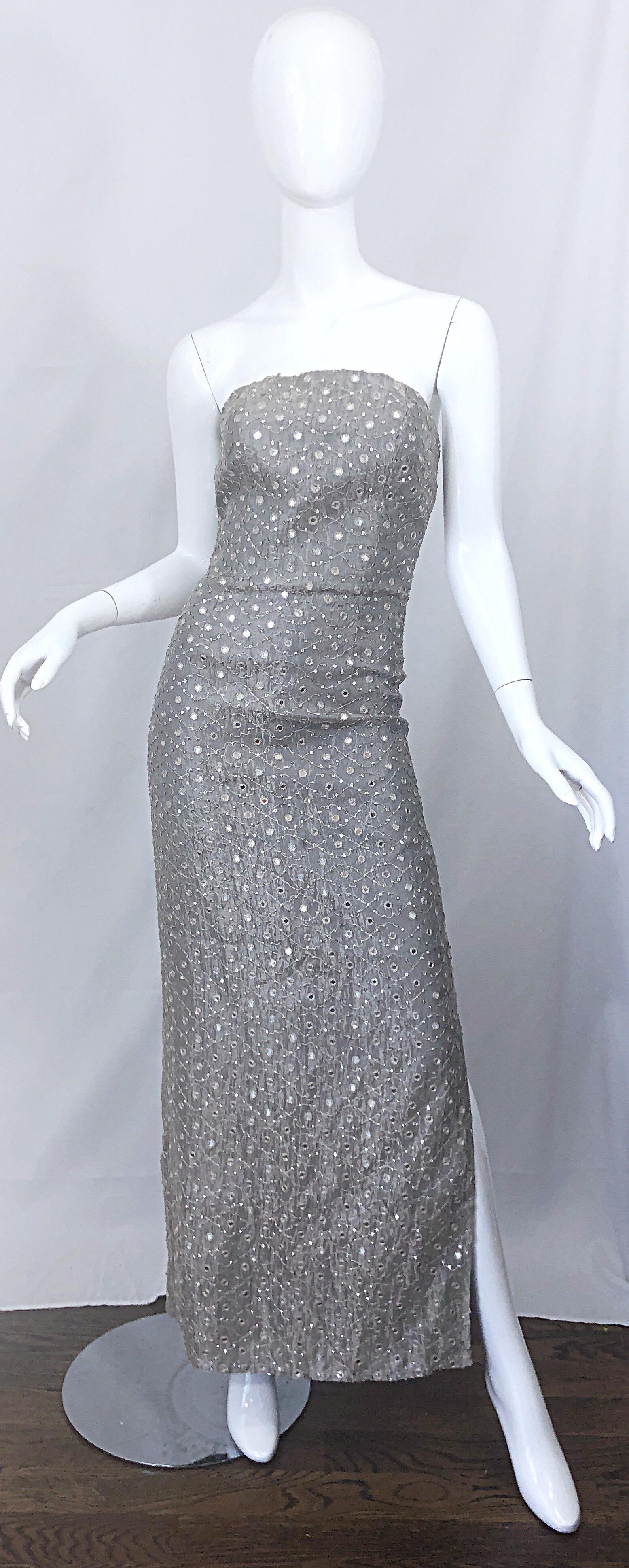 1990s Silver Grey Mirrored Sequins Size 6 Strapless Silk Vintage Gown Dress For Sale 6