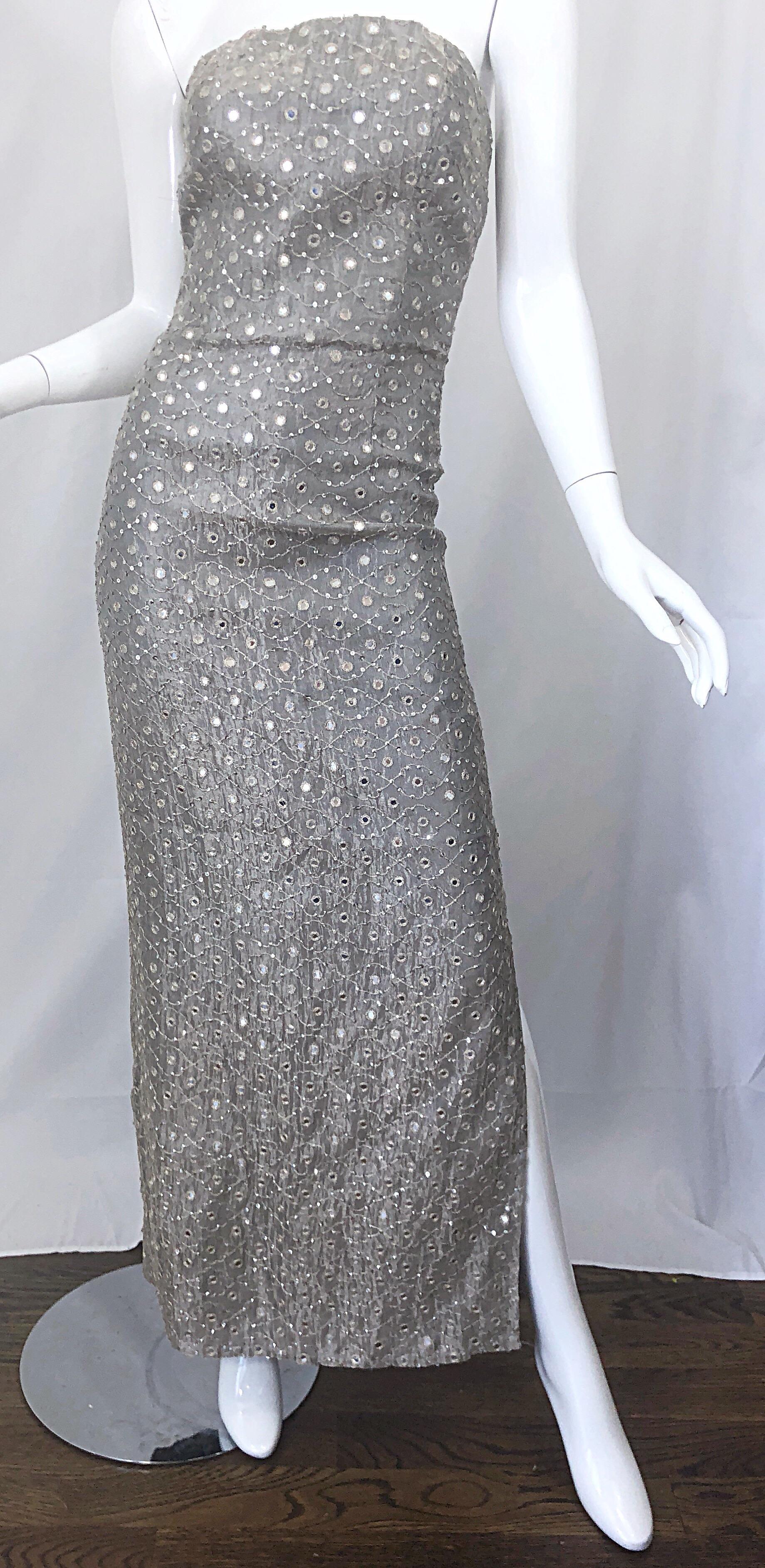 1990s Silver Grey Mirrored Sequins Size 6 Strapless Silk Vintage Gown Dress For Sale 1