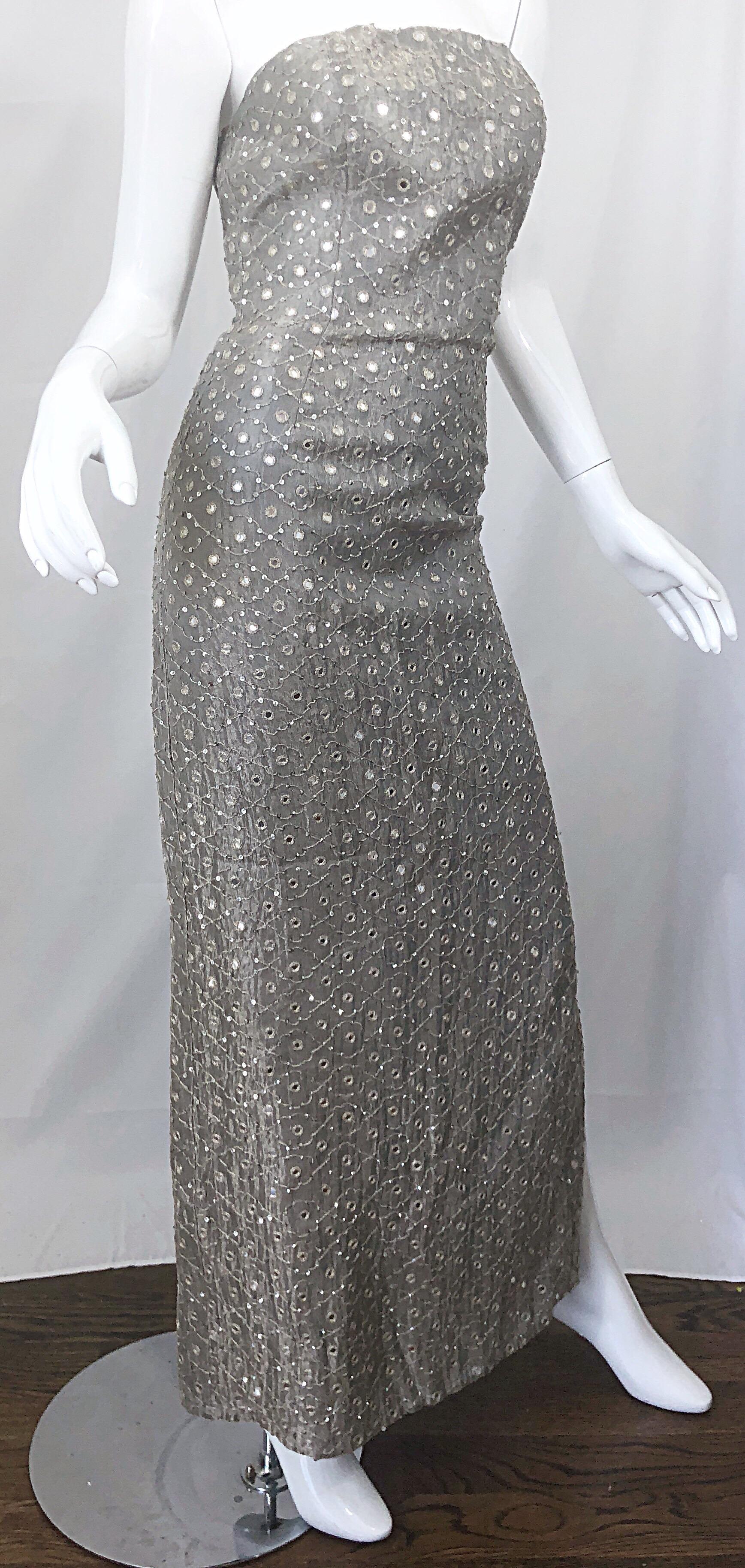 1990s Silver Grey Mirrored Sequins Size 6 Strapless Silk Vintage Gown Dress For Sale 2