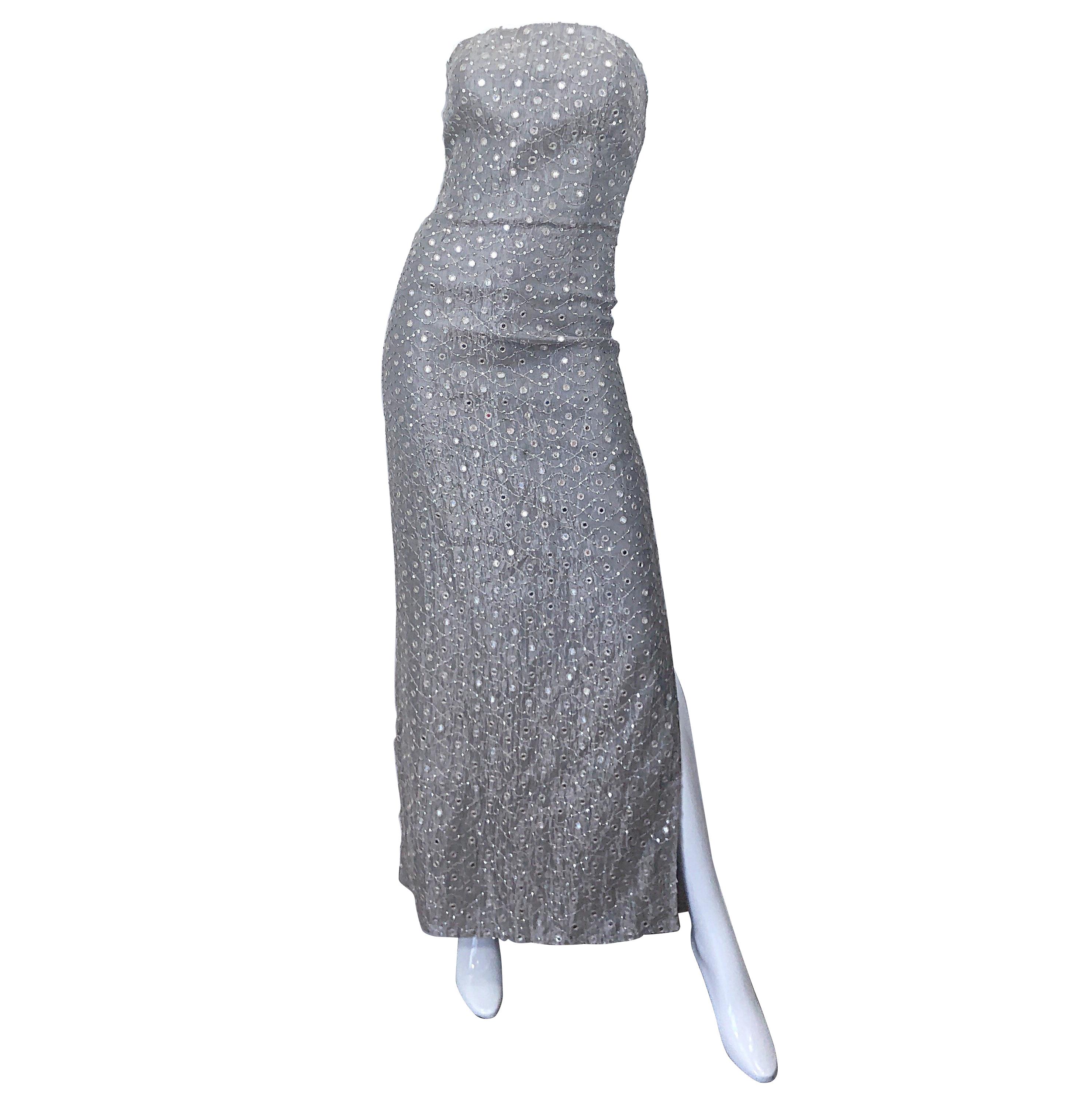Robe vintage sans bretelles en soie grise argentée à paillettes miroir, taille 6, années 1990
