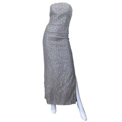 1990s Silver Grey Mirrored Sequins Size 6 Strapless Silk Vintage Gown Dress