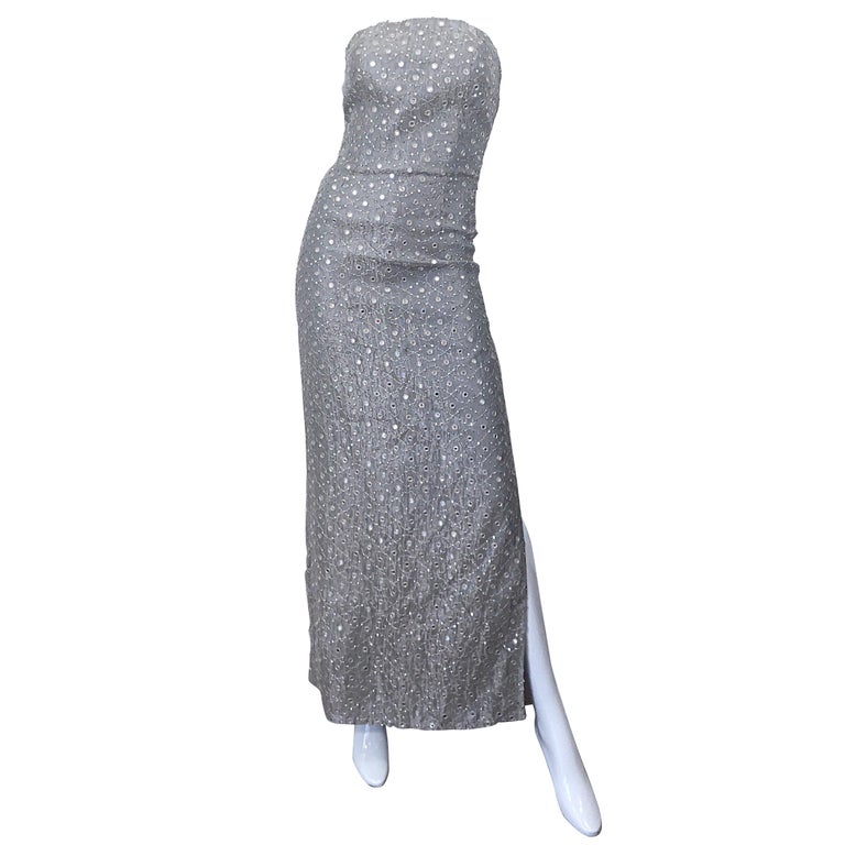 1990s Silver Grey Mirrored Sequins Size 6 Strapless Silk Vintage Gown Dress  For Sale at 1stDibs | mirrored gown, silver grey gown, silver gray gown