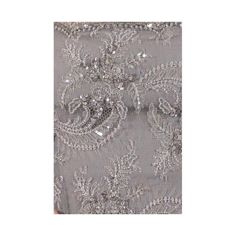 1990S Silver Hand Beaded Rayon & Silk Chantilly Lace Gown For Sale 5