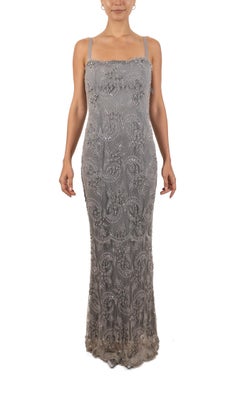 1990S Silver Hand Beaded Rayon & Silk Chantilly Lace Gown